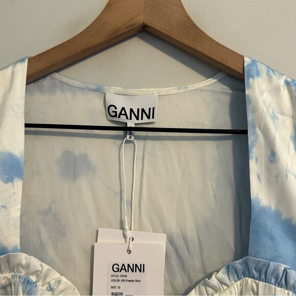 NWT GANNI Blue White Satin Powder Blue Mini Dress XS 32 - Picture 12 of 13